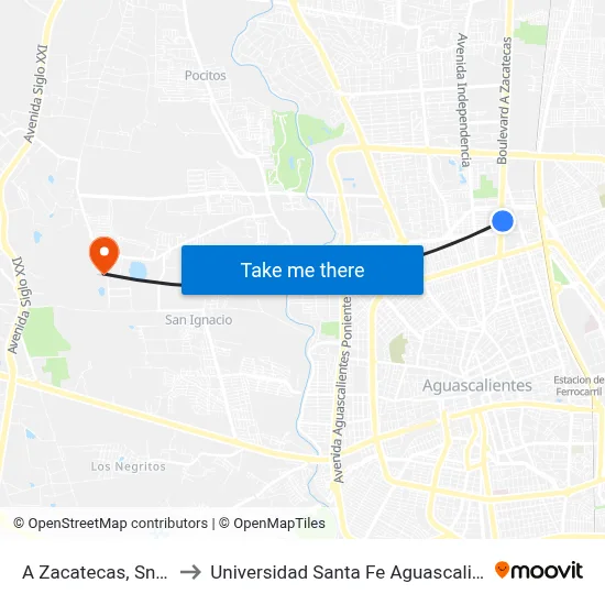A Zacatecas, Sn(Lb) to Universidad Santa Fe Aguascalientes map