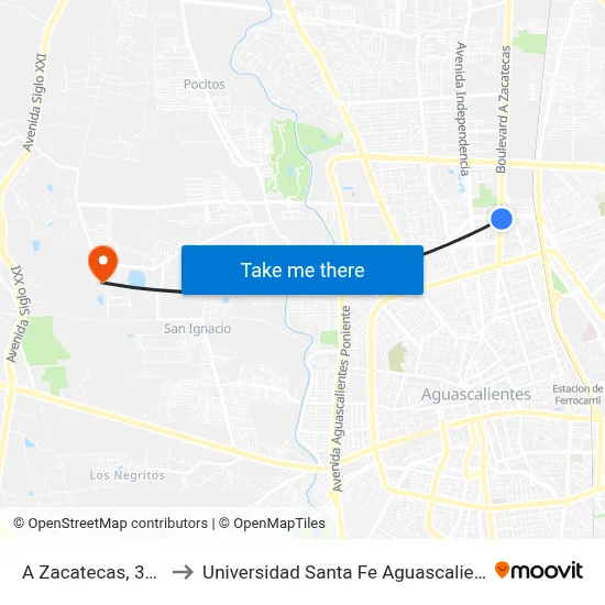 A Zacatecas, 301a to Universidad Santa Fe Aguascalientes map