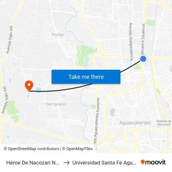 Héroe De Nacozari Norte, 3005 to Universidad Santa Fe Aguascalientes map