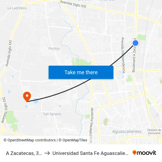 A Zacatecas, 309 to Universidad Santa Fe Aguascalientes map