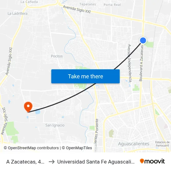 A Zacatecas, 4420 to Universidad Santa Fe Aguascalientes map