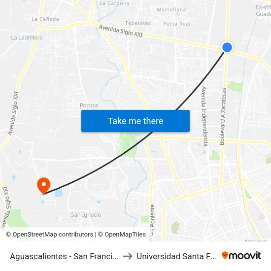 Aguascalientes - San Francisco De Los Romo, 273 to Universidad Santa Fe Aguascalientes map