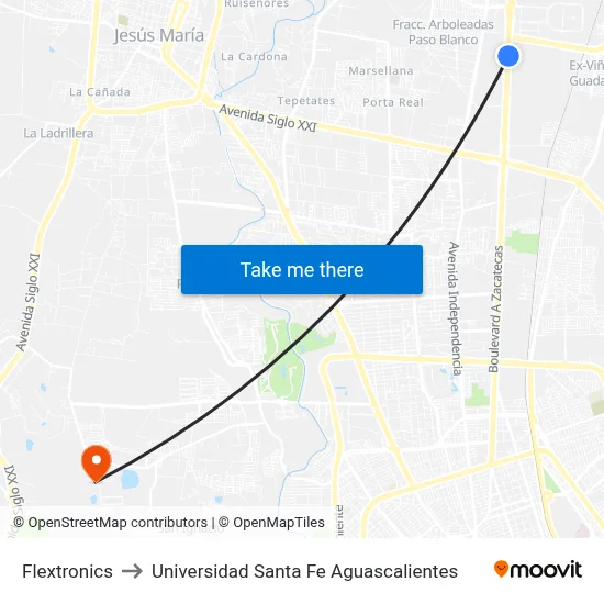 Flextronics to Universidad Santa Fe Aguascalientes map