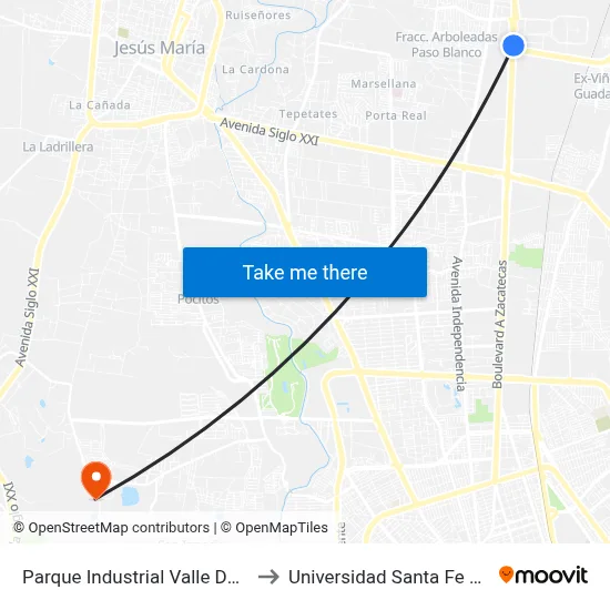 Parque Industrial Valle De Aguascalientes to Universidad Santa Fe Aguascalientes map