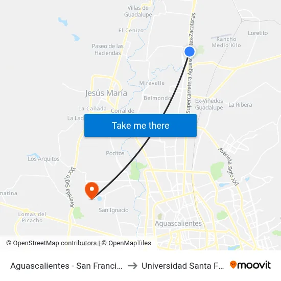 Aguascalientes - San Francisco De Los Romo, 953 to Universidad Santa Fe Aguascalientes map