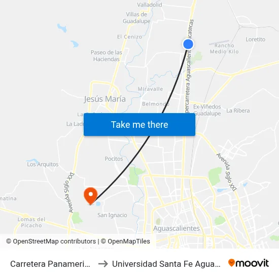 Carretera Panamericana, 18 to Universidad Santa Fe Aguascalientes map