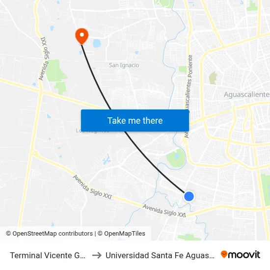 Terminal Vicente Guerrero to Universidad Santa Fe Aguascalientes map