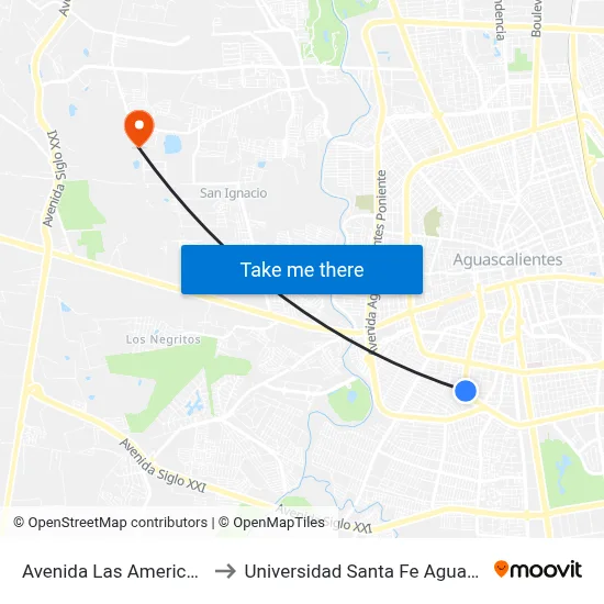 Avenida Las Americas, 1624 to Universidad Santa Fe Aguascalientes map