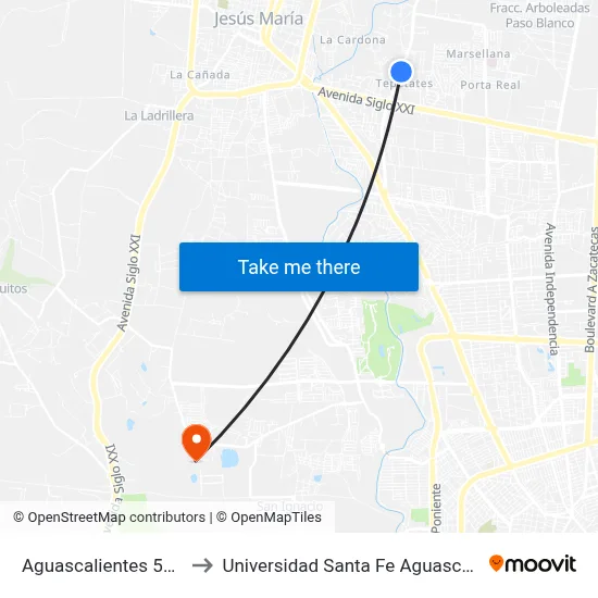 Aguascalientes 53, 362 to Universidad Santa Fe Aguascalientes map