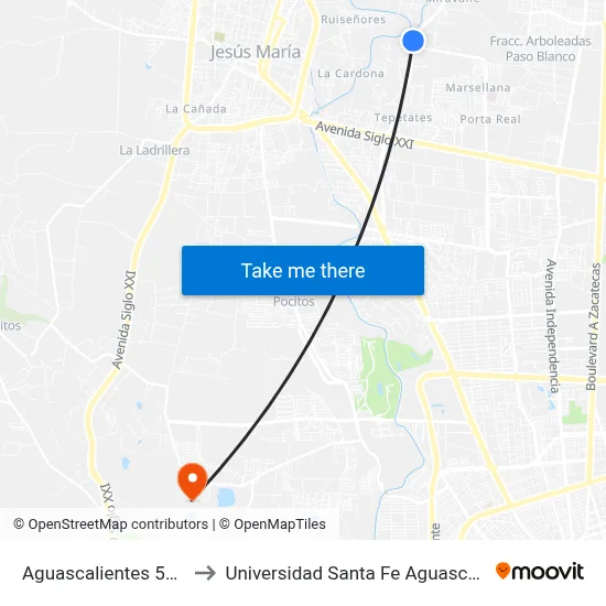 Aguascalientes 53, 803 to Universidad Santa Fe Aguascalientes map
