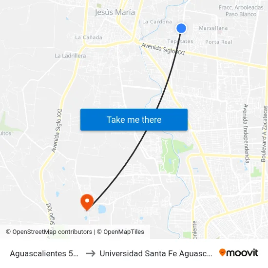 Aguascalientes 53, 337 to Universidad Santa Fe Aguascalientes map