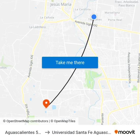 Aguascalientes 53, 362 to Universidad Santa Fe Aguascalientes map