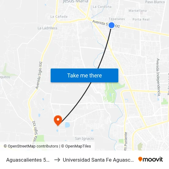 Aguascalientes 53, 220 to Universidad Santa Fe Aguascalientes map