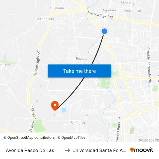 Avenida Paseo De Las Maravillas, 300 to Universidad Santa Fe Aguascalientes map