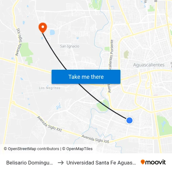 Belisario Domínguez, 105 to Universidad Santa Fe Aguascalientes map