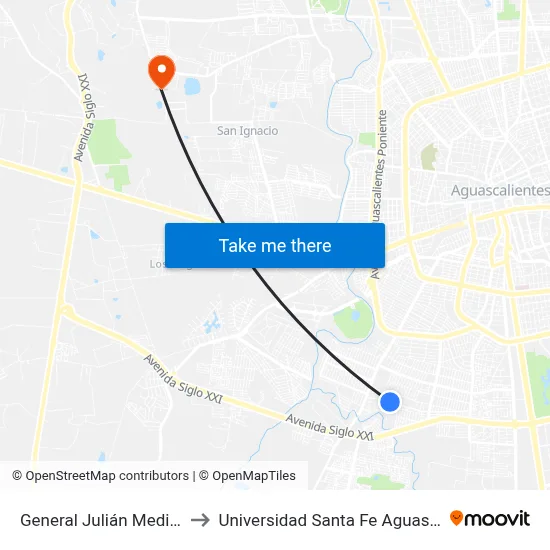 General Julián Medina, 213 to Universidad Santa Fe Aguascalientes map