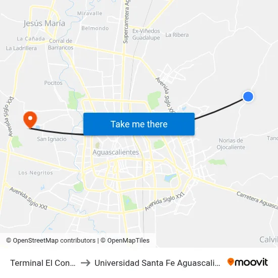 Terminal El Conejal to Universidad Santa Fe Aguascalientes map