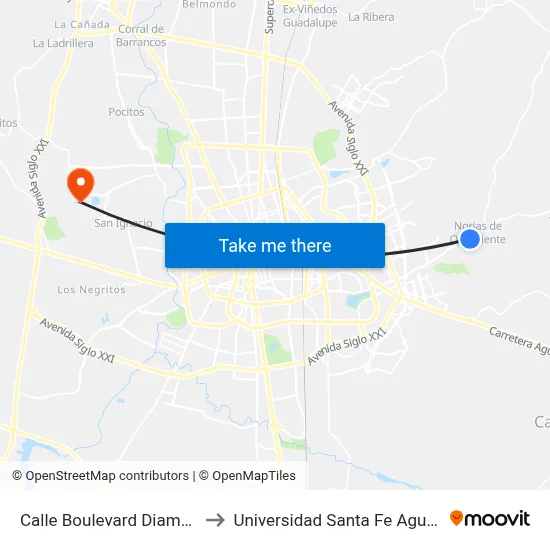 Calle Boulevard Diamantes, 192 to Universidad Santa Fe Aguascalientes map
