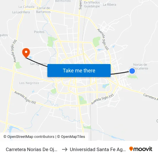 Carretera Norias De Ojocaliente, 20 to Universidad Santa Fe Aguascalientes map