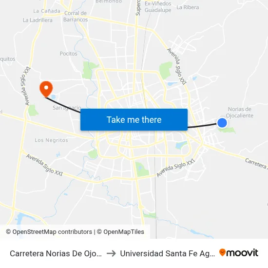 Carretera Norias De Ojocaliente, 290 to Universidad Santa Fe Aguascalientes map