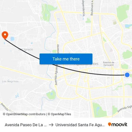 Avenida Paseo De La Cruz, 306 to Universidad Santa Fe Aguascalientes map