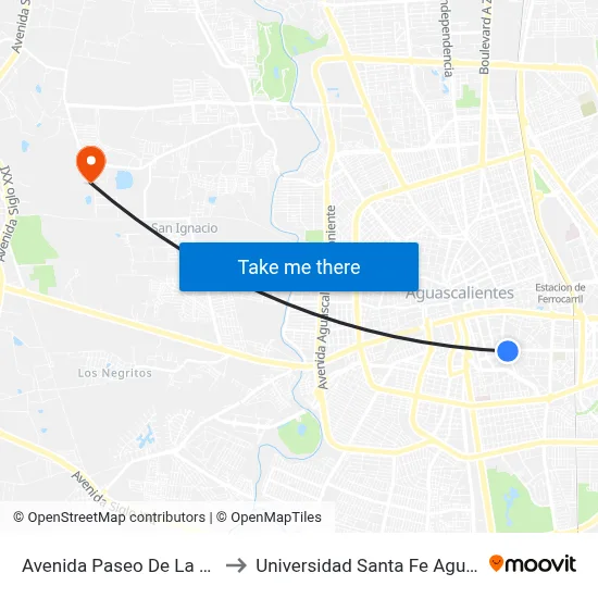 Avenida Paseo De La Cruz, 1408 to Universidad Santa Fe Aguascalientes map