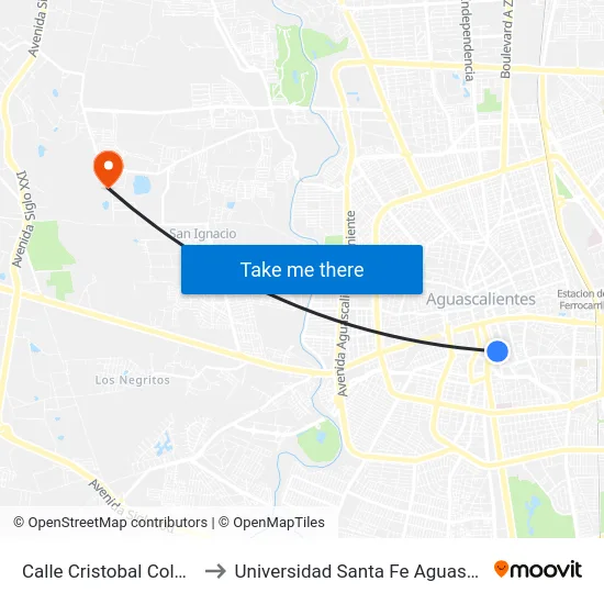 Calle Cristobal Colon, 610 to Universidad Santa Fe Aguascalientes map