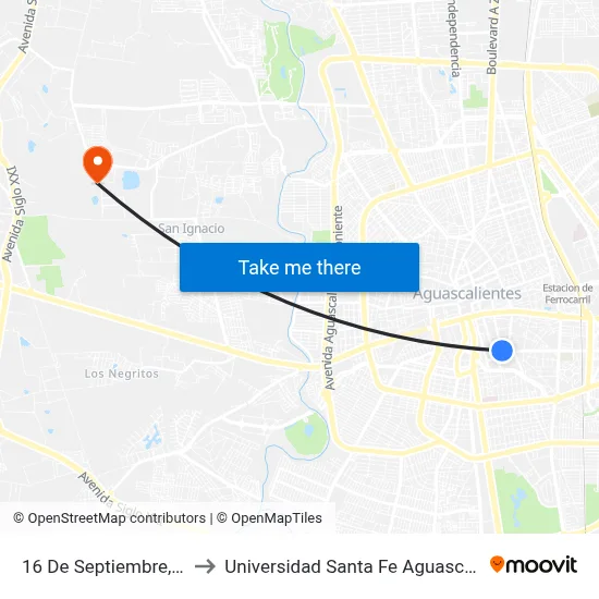 16 De Septiembre, 601c to Universidad Santa Fe Aguascalientes map