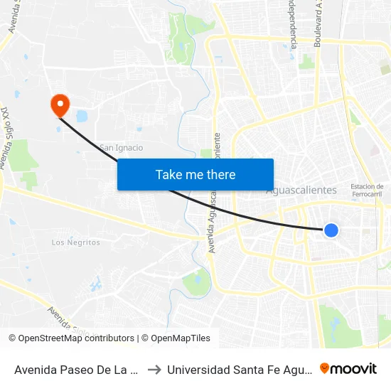 Avenida Paseo De La Cruz, 1606 to Universidad Santa Fe Aguascalientes map