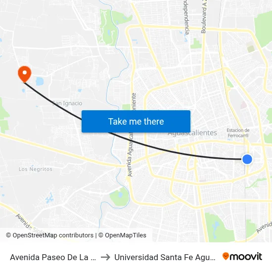 Avenida Paseo De La Cruz, 504 to Universidad Santa Fe Aguascalientes map