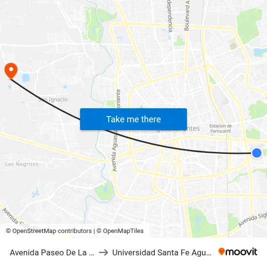 Avenida Paseo De La Cruz, 203 to Universidad Santa Fe Aguascalientes map