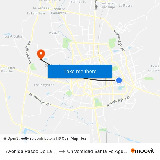 Avenida Paseo De La Cruz, 507 to Universidad Santa Fe Aguascalientes map