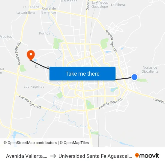 Avenida Vallarta, 144 to Universidad Santa Fe Aguascalientes map
