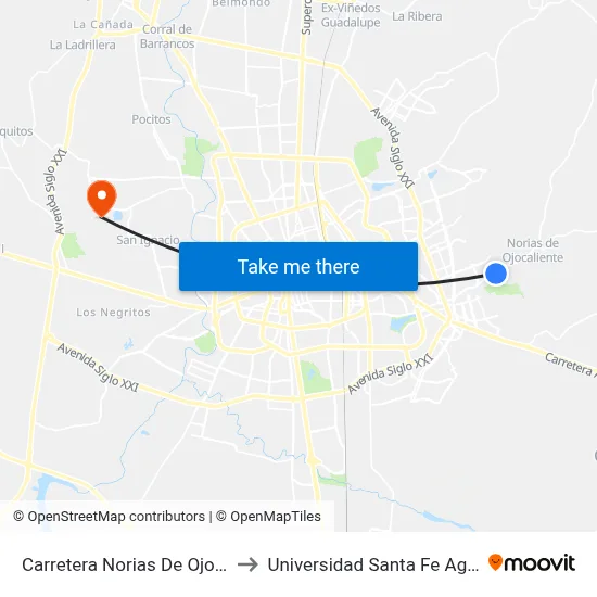 Carretera Norias De Ojocaliente, 290 to Universidad Santa Fe Aguascalientes map
