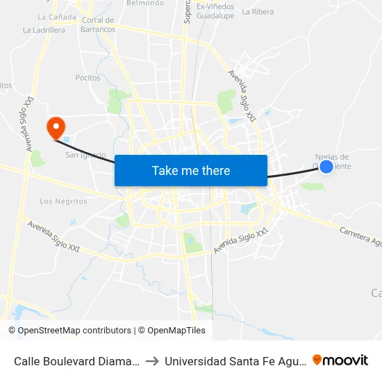 Calle Boulevard Diamantes, 1482 to Universidad Santa Fe Aguascalientes map