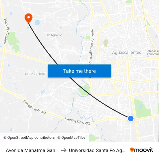 Avenida Mahatma Gandhi, Sn(Lb) to Universidad Santa Fe Aguascalientes map