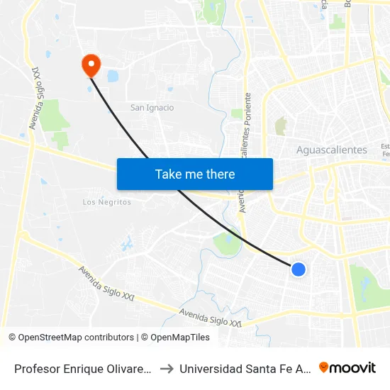 Profesor Enrique Olivares Santana, 402 to Universidad Santa Fe Aguascalientes map