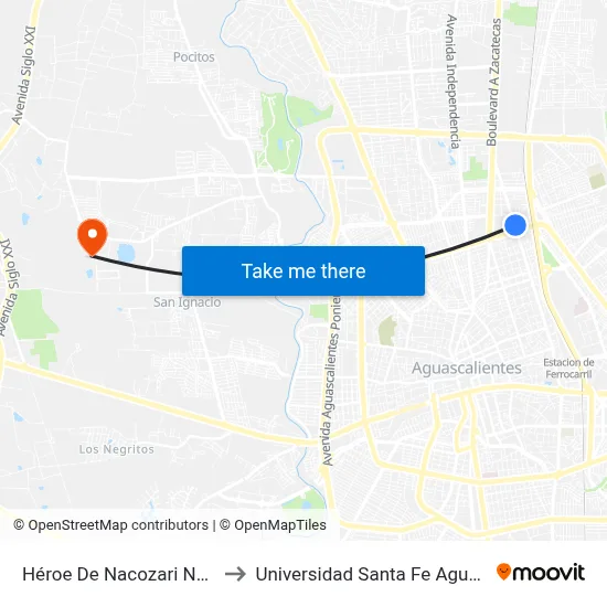 Héroe De Nacozari Norte, 2101 to Universidad Santa Fe Aguascalientes map
