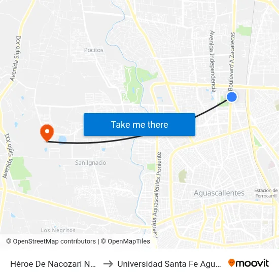Héroe De Nacozari Norte, 3005 to Universidad Santa Fe Aguascalientes map