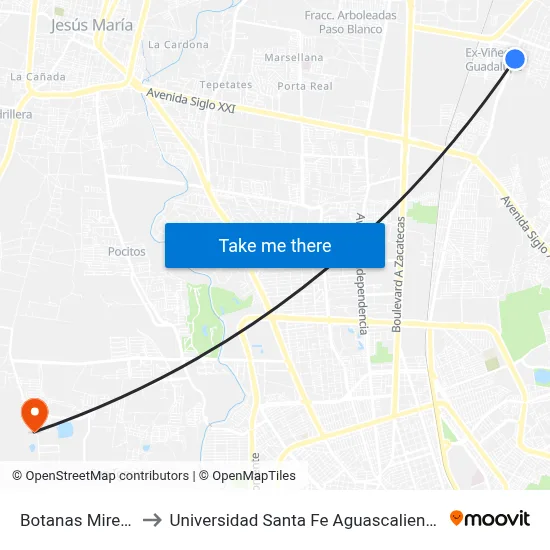 Botanas Mireya to Universidad Santa Fe Aguascalientes map