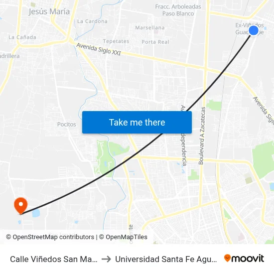 Calle Viñedos San Marcos, 910 to Universidad Santa Fe Aguascalientes map