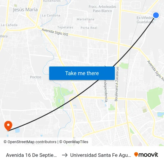 Avenida 16 De Septiembre, 205a to Universidad Santa Fe Aguascalientes map