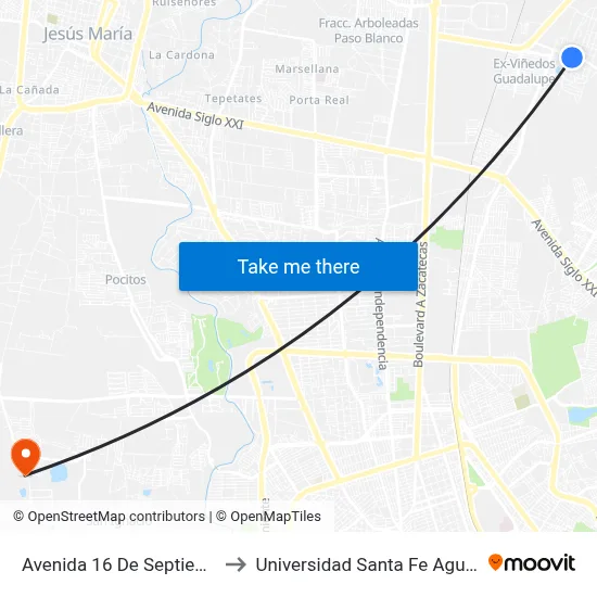 Avenida 16 De Septiembre, 205a to Universidad Santa Fe Aguascalientes map