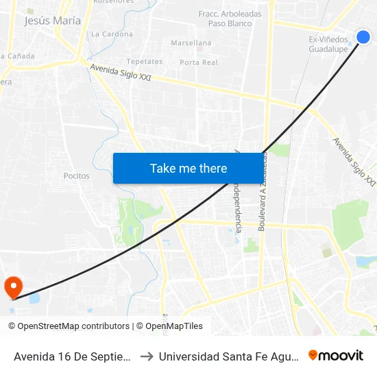 Avenida 16 De Septiembre, 706 to Universidad Santa Fe Aguascalientes map