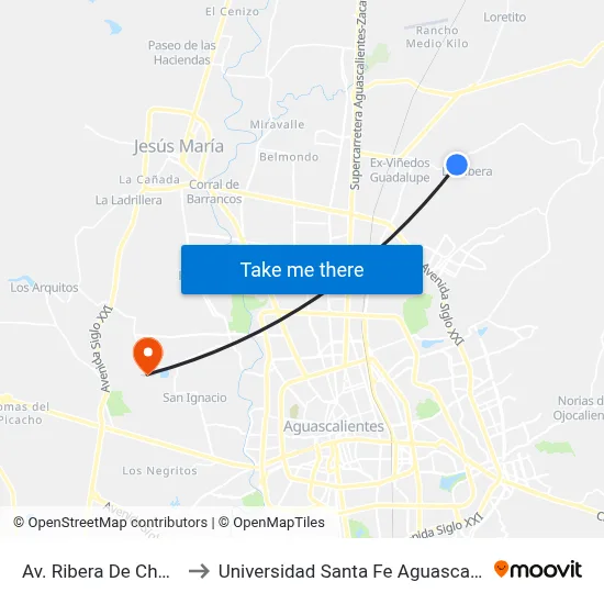Av. Ribera De Chapala to Universidad Santa Fe Aguascalientes map