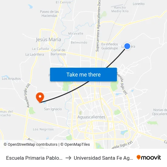 Escuela Primaria Pablo Latapi Sare to Universidad Santa Fe Aguascalientes map