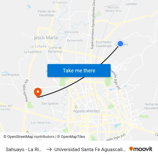 Sahuayo - La Ribera to Universidad Santa Fe Aguascalientes map