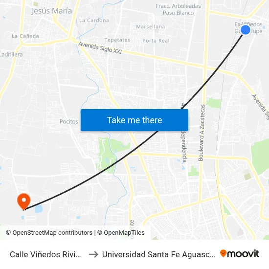 Calle Viñedos Rivier, 905 to Universidad Santa Fe Aguascalientes map
