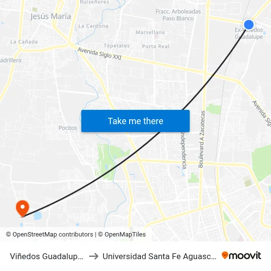 Viñedos Guadalupe, 244 to Universidad Santa Fe Aguascalientes map
