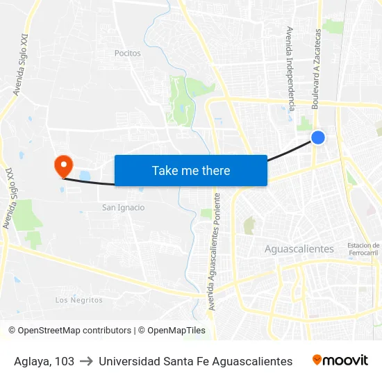 Aglaya, 103 to Universidad Santa Fe Aguascalientes map